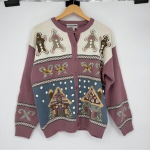 Alfred Dunner Vintage Gingerbread Holiday Themed Cardigan Sweater Petite Large